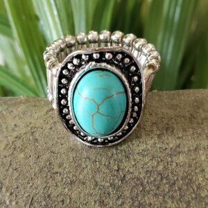 Turquoise Stone Silver Tone Stretch Ring 💥3 for $24💥